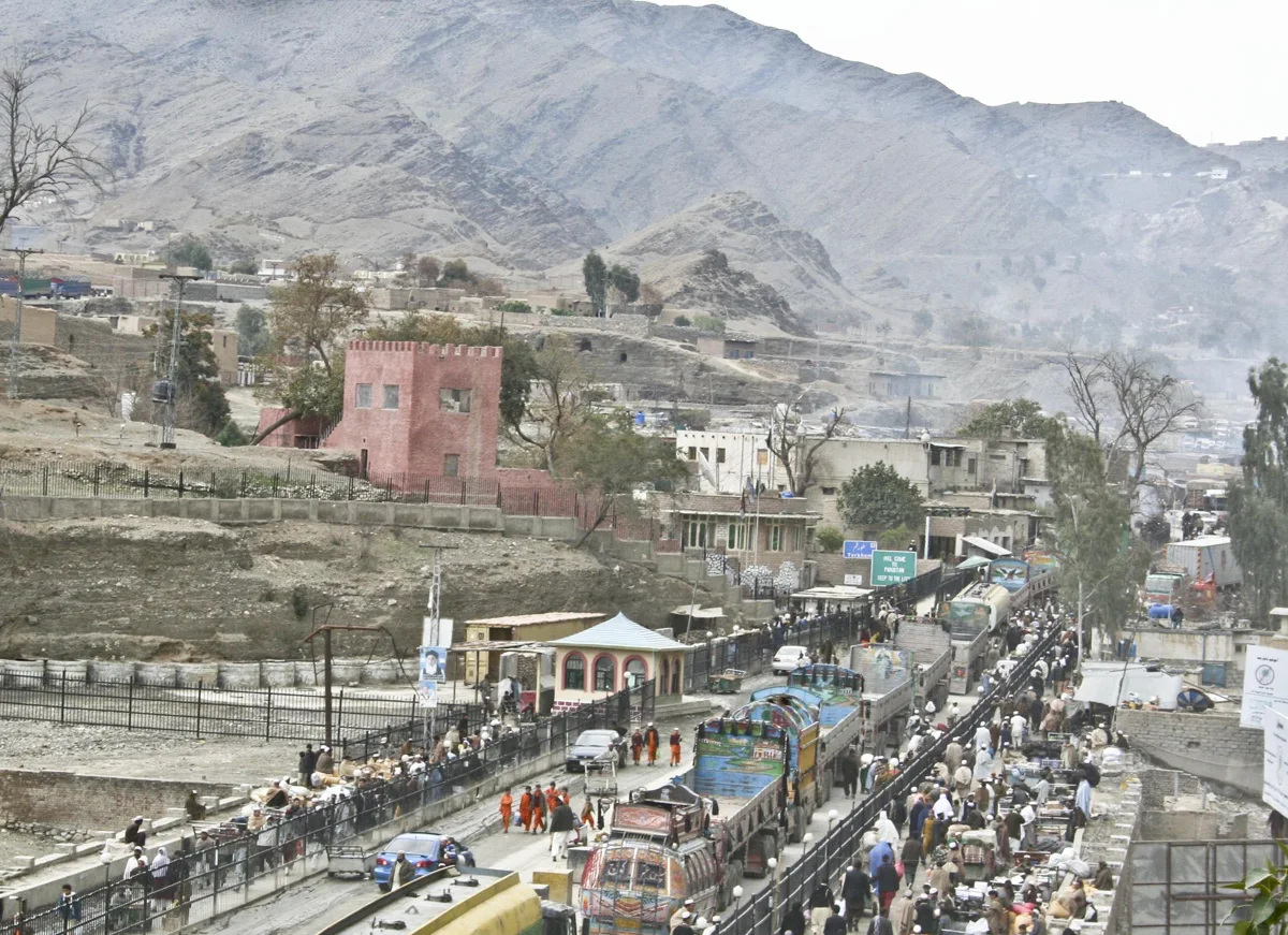 Trucks at Torkham, viewed from the Afghanistan side of the border, archival 2011 photograph