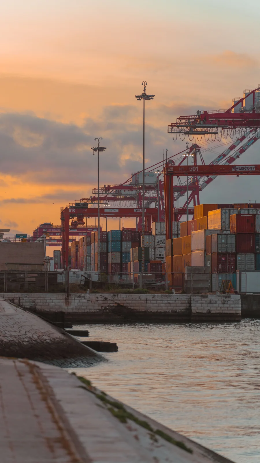 Cargo ships and containers at an industrial port at sunset