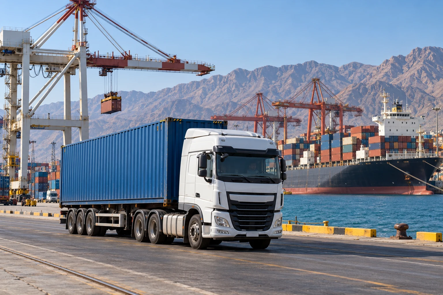 Cargo truck and container ship at a seaport — Iran transit trade illustration