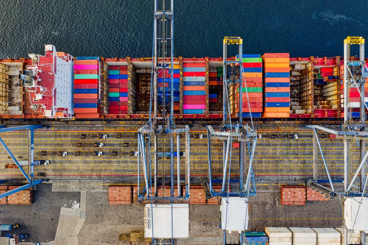 Aerial view of a container ship at a commercial port