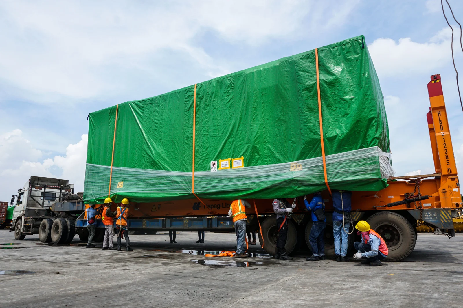 A shipping container on a truck trailer during cargo handling