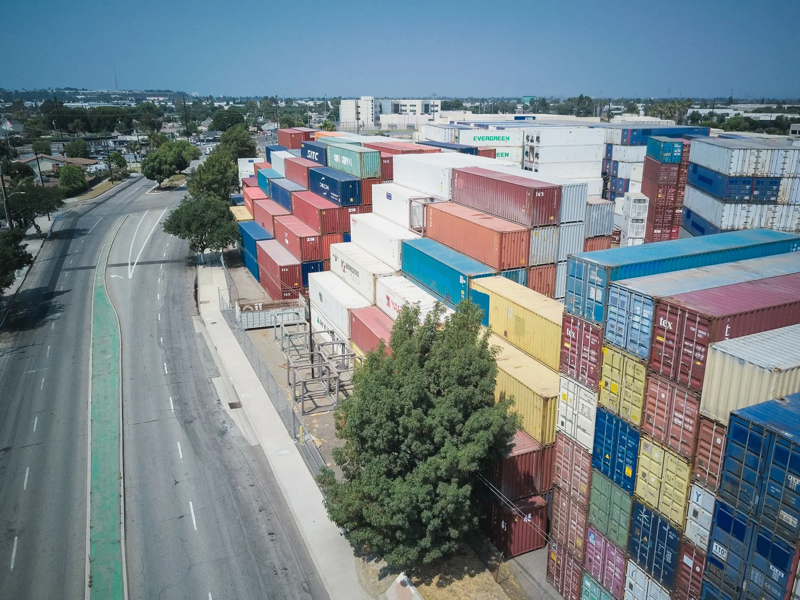 Shipping containers arranged at a cargo terminal