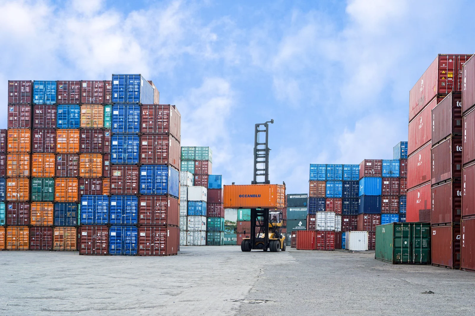 Container handling and logistics equipment at a freight terminal