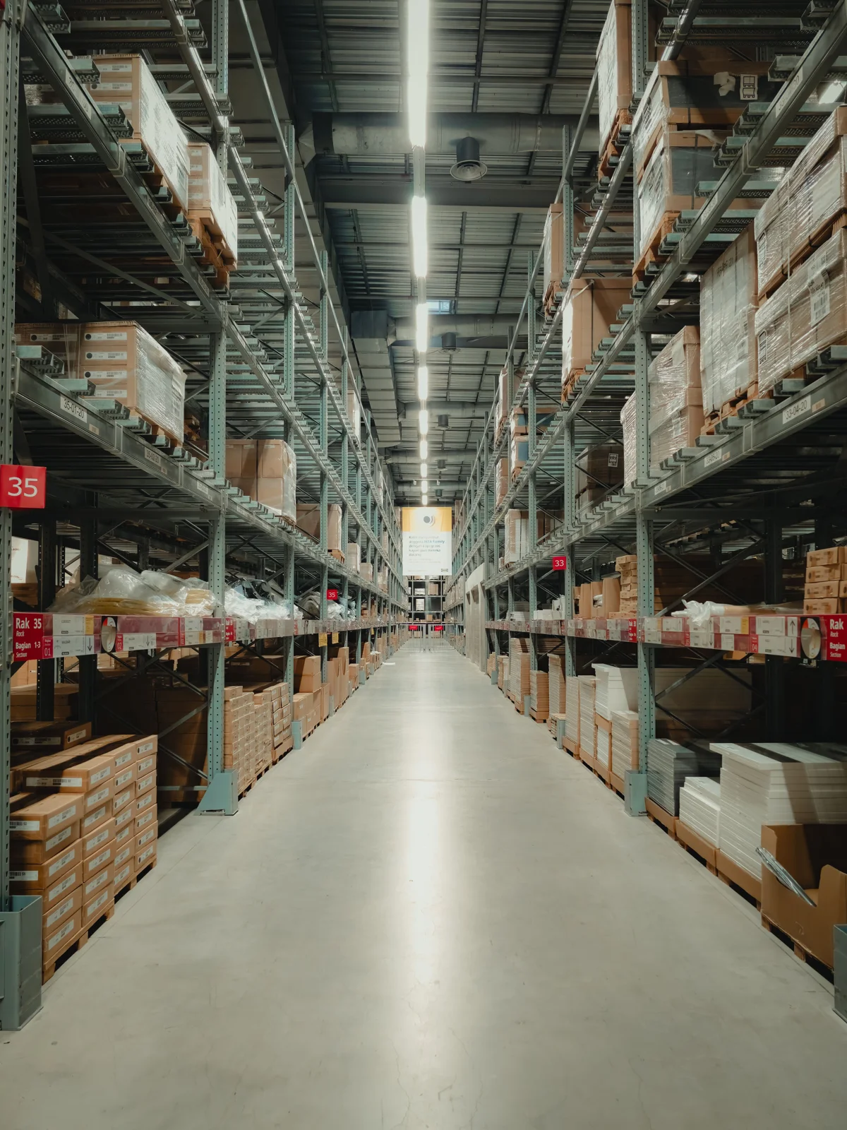 Warehouse aisle with organized storage racks, products and stacked pallets